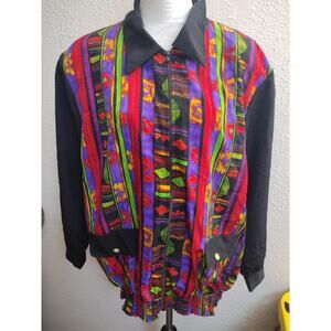 Vintage Maggie Sweet Jacket Womens 1X Multicolor Striped Zip Retro Elastic Hem